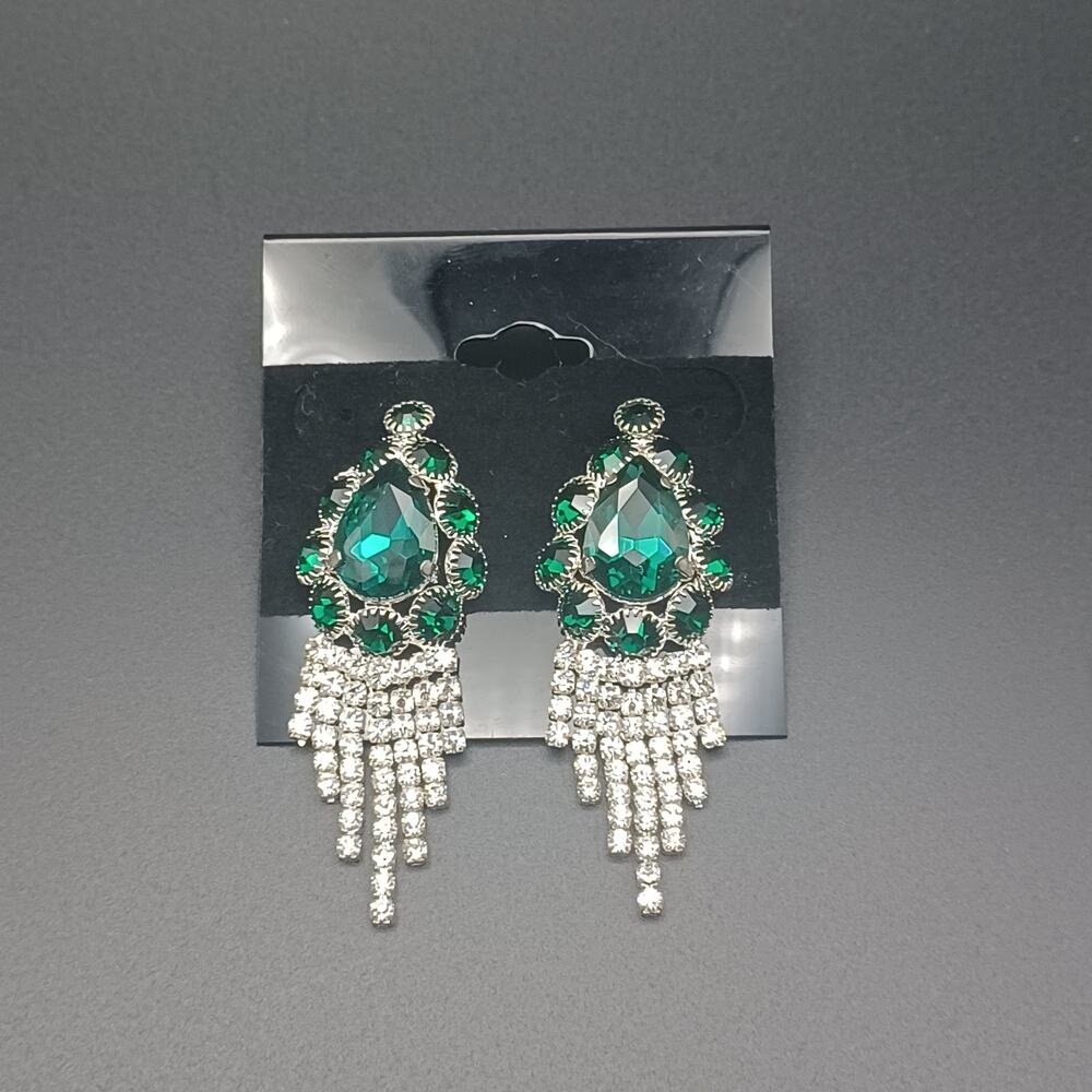 Emerald Green Chandelier Earrings Silver Tone Fringe Drop Prom Formal